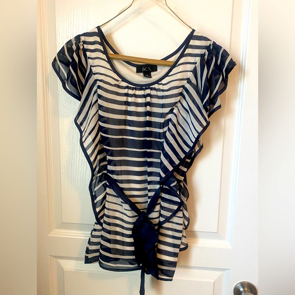 BCX Striped Blouse with Ribbon Belt